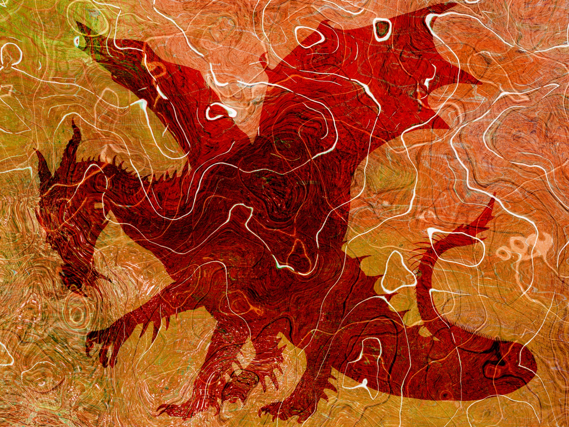 A red silhouette of a dragon set against a background of various yellows and oranges. The dragon has four legs, short wings, and spines along its body. Its head is bowed. There are swirls and ripples everywhere that roughly match the colour of whatever they're in front of (e.g. red swirls for the dragon). Overlaid on the whole picture are white ripples that are reminiscent of water.